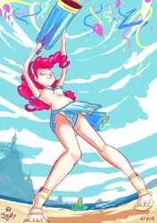 Size: 615x875 | Tagged: suggestive, artist:jowybean, derpibooru import, gummy, pinkie pie, human, armpits, balloon, beach, belly button, bikini, breasts, clothes, confetti, hairband, humanized, midriff, party cannon, sandals, streamers, swimsuit, underboob