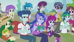 Size: 1366x768 | Tagged: safe, derpibooru import, screencap, captain planet, curly winds, indigo wreath, microchips, mystery mint, princess luna, some blue guy, starlight, sweet leaf, teddy t. touchdown, thunderbass, velvet sky, all's fair in love and friendship games, equestria girls, friendship games, background human, chloe commons, clapping, female, male, notebook, pen, vice principal luna, writing