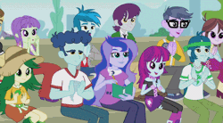 Size: 636x351 | Tagged: safe, derpibooru import, screencap, captain planet, curly winds, indigo wreath, microchips, mystery mint, princess luna, some blue guy, starlight, sweet leaf, teddy t. touchdown, thunderbass, velvet sky, all's fair in love and friendship games, equestria girls, friendship games, animated, background human, clapping, how, notebook, pen, surprised, vice principal luna, writing