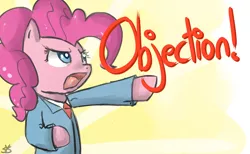 Size: 1300x800 | Tagged: ace attorney, artist:speccysy, crossover, dead source, derpibooru import, objection, phoenix wright, pinkie pie, safe, solo