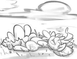 Size: 3300x2550 | Tagged: artist:leadhooves, butterfly, cute, derpibooru import, diapinkes, grass, grass field, horses doing horse things, monochrome, on back, pinkie pie, safe, solo