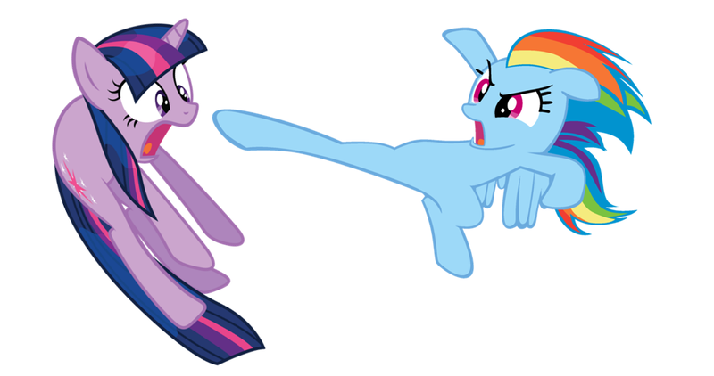 Size: 1050x554 | Tagged: safe, derpibooru import, rainbow dash, twilight sparkle, dynamic entry, kick, kicking, simple background, white background