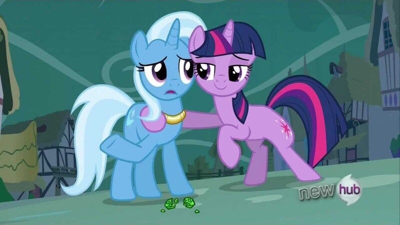 Size: 1280x720 | Tagged: safe, derpibooru import, screencap, trixie, twilight sparkle, pony, unicorn, magic duel, duo, female, hub logo, mare, unicorn twilight