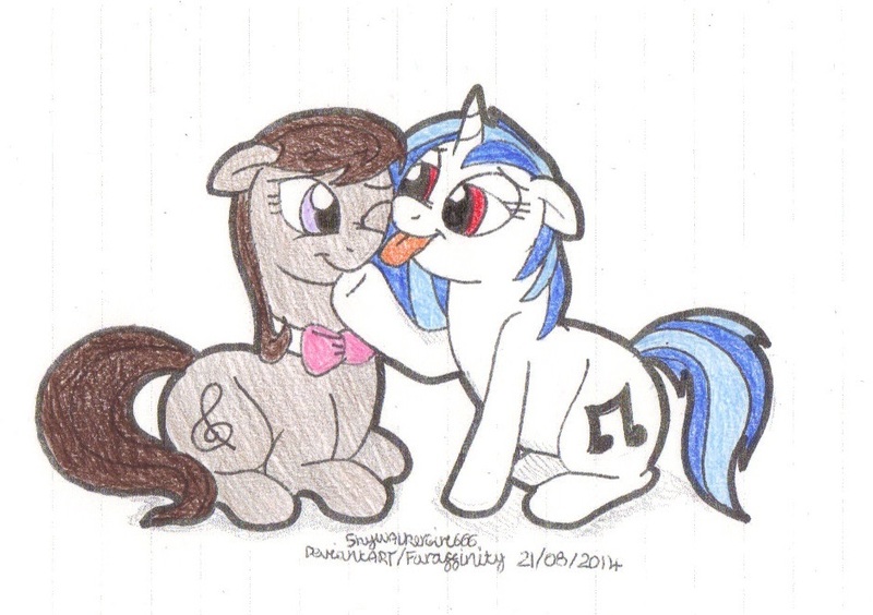 Size: 937x661 | Tagged: suggestive, artist:artistnjc, deleted from derpibooru, derpibooru import, octavia melody, vinyl scratch, cute, face licking, female, lesbian, licking, love, scratchtavia, shipping, shy, simple background, tongue out, traditional art