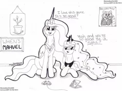 Size: 1481x1109 | Tagged: safe, artist:artistnjc, banned from derpibooru, deleted from derpibooru, derpibooru import, princess celestia, princess luna, alicorn, pony, two best sisters play, alicorns, black and white, crossed hooves, determined, dialogue, ethereal mane, grayscale, image, jpeg, lying down, monochrome, patlestia, poster, resident evil 4, royal sisters, royalty, sarcasm, sibling teasing, sitting, smiling, smirk, traditional art, two best friends play, video game