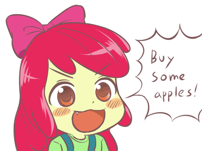 Size: 703x526 | Tagged: safe, artist:ta-na, derpibooru import, apple bloom, call of the cutie, equestria girls, adorabloom, anime, bust, buy some apples, cute, cute little fangs, dialogue, fangs, ohayou face, portrait, solo, speech bubble