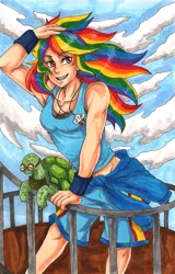 Size: 1091x1701 | Tagged: armpits, artist:fir3h34rt, belly button, clothes, derpibooru import, human, humanized, midriff, necklace, rainbow dash, safe, shorts, solo, tank, tanktop, traditional art, windswept hair