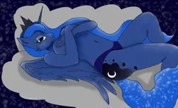 Size: 800x489 | Tagged: anthro, artist:derpyhooves113, bedroom eyes, belly button, breasts, busty princess luna, clothes, cloud, covering, derpibooru import, female, looking at you, lying down, nudity, on back, panties, princess luna, smiling, solo, solo female, suggestive, trace, underwear