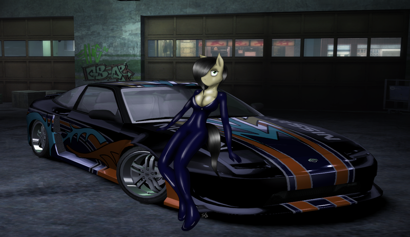 Size: 1596x926 | Tagged: suggestive, artist:tunderi, derpibooru import, oc, oc:silica, unofficial characters only, anthro, unguligrade anthro, anthro oc, breasts, car, cleavage, female, image, latex, latex suit, nissan, nissan 240sx, png, solo, solo female