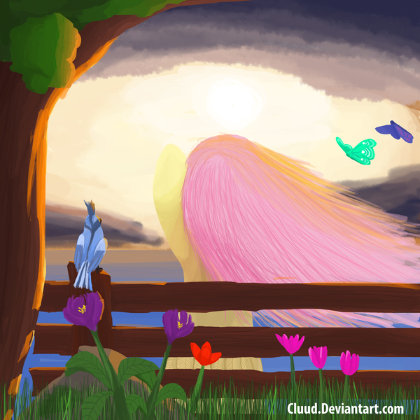 Size: 3000x3000 | Tagged: safe, artist:cluud, derpibooru import, fluttershy, bird, butterfly, pegasus, pony, animal, bench, cloud, cloudy, darkcloud, flower, light, nature, rear view, scenery, sitting, stormcloud, sun, sunrise, sunset, tree, under the tree, windswept mane