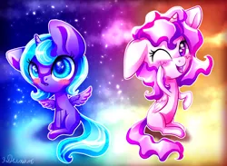 Size: 1636x1200 | Tagged: artist:9de-light6, cewestia, chibi, derpibooru import, filly, pink-mane celestia, princess celestia, princess luna, safe, woona