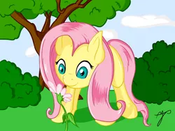 Size: 1600x1200 | Tagged: safe, artist:taxar, derpibooru import, fluttershy, bush, colored, cute, flower, grass, shyabetes, sniffing, solo, tree