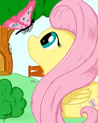 Size: 1024x1280 | Tagged: safe, artist:taxar, derpibooru import, fluttershy, butterfly, bush, colored, fence, smiling, solo