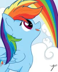 Size: 1024x1280 | Tagged: safe, artist:taxar, derpibooru import, rainbow dash, cloud, cloudy, cute, rainbow, smiling, solo