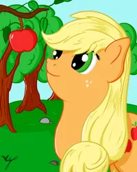 Size: 1024x1280 | Tagged: apple, applejack, artist:taxar, colored, derpibooru import, grass, hatless, missing accessory, safe, smiling, solo, tree