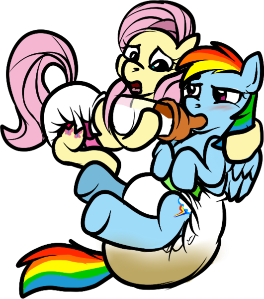 Size: 574x649 | Tagged: adult foal, artist:pidgopidgey, baby bottle, bottle, bottle feeding, cute, derpibooru import, diaper, diaper fetish, fluttershy, messy diaper, poofy diaper, poop, questionable, rainbow dash, scat, super crinkle pony adventure 64