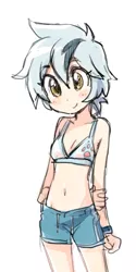 Size: 300x600 | Tagged: artist:baekgup, barely pony related, belly button, bikini, bikini top, blushing, cleavage, clothes, dead source, derpibooru import, female, human, humanized, humanized oc, midriff, oc, oc:sunny daze, safe, shorts, solo, swimsuit, unofficial characters only