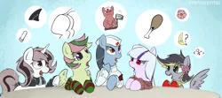 Size: 1280x567 | Tagged: suggestive, artist:ponyhospital, derpibooru import, oc, oc:aero, oc:attraction, oc:fabulous jin, oc:lilith, oc:nurse code-45, unofficial characters only, earth pony, pegasus, pony, unicorn, banana, clothes, collar, colt, condom, female, femboy, flower, flower in hair, hat, male, mare, nurse hat, offspring, panties, parent:derpy hooves, parent:oc:warden, parents:canon x oc, parents:warderp, sex toy, socks, tail collar, trap, underwear, vibrator