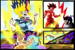 Size: 1095x730 | Tagged: safe, artist:yordisz, derpibooru import, king sombra, princess celestia, twilight sparkle, equestria girls, blood, dragon ball z, goku, super saiyan princess