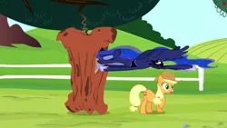 Size: 1280x720 | Tagged: safe, derpibooru import, screencap, applejack, princess luna, do princesses dream of magic sheep, apple, apple tree, flying, great moments in animation, smear frame