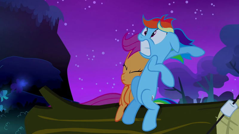 Size: 1280x720 | Tagged: derpibooru import, great moments in animation, rainbow dash, safe, scootaloo, screencap, sleepless in ponyville