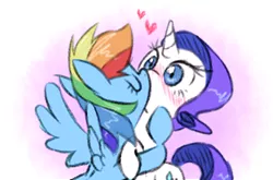 Size: 426x281 | Tagged: safe, artist:raridashdoodles, derpibooru import, rainbow dash, rarity, pegasus, pony, unicorn, blushing, female, heart, hug, kissing, lesbian, mare, raridash, shipping, surprise kiss