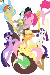 Size: 5652x8444 | Tagged: safe, artist:kired25, artist:mickeymonster, deleted from derpibooru, derpibooru import, applejack, discord, fluttershy, pinkie pie, rainbow dash, rarity, twilight sparkle, earth pony, pegasus, pony, unicorn, absurd resolution, cute, discute, eyes closed, female, freckles, gang hape, grin, gritted teeth, group hug, hape, hug, kissing, male, mane six, mare, non-consensual cuddling, one eye closed, raised eyebrow, resistance is futile, simple background, smiling, smirk, spread wings, squee, transparent background, vector, wide eyes, wink