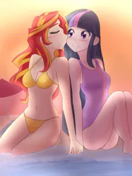 Size: 1280x1709 | Tagged: safe, artist:jonfawkes, derpibooru import, sunset shimmer, twilight sparkle, human, belly button, bikini, blushing, cleavage, clothes, female, holding hands, humanized, kissing, lesbian, long hair, one-piece swimsuit, sexy, shipping, sunsetsparkle, swimsuit