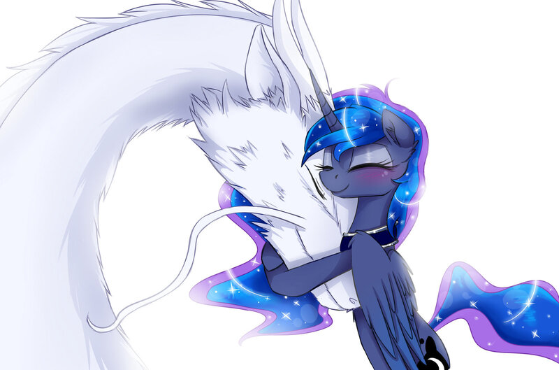 Size: 1600x1057 | Tagged: safe, artist:magnaluna, derpibooru import, princess luna, oc, oc:zefiroth, alicorn, dragon, blushing, canon x oc, ethereal mane, eyes closed, female, fluffy, hug, mare, shipping, simple background, smiling, starry mane, white background