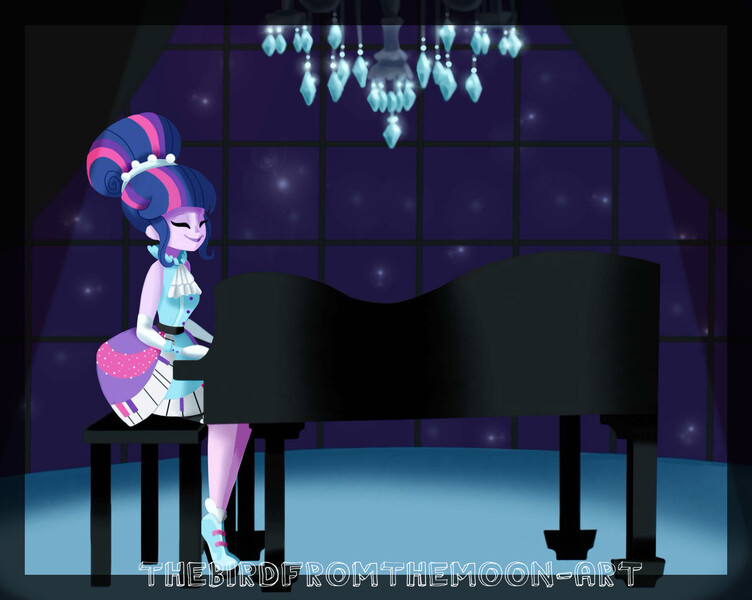 Size: 1849x1475 | Tagged: safe, artist:thebirdfromthemoon, derpibooru import, twilight sparkle, equestria girls, friendship through the ages, humanized, piano, solo, watermark