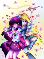 Size: 893x1200 | Tagged: safe, artist:shikimaakemi, derpibooru import, rainbow dash, twilight sparkle, equestria girls, blushing, eared humanization, female, heart, holding hands, lesbian, petals, ponied up, shipping, tailed humanization, twidash, watermark, winged humanization