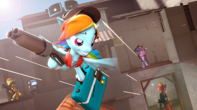 Size: 1024x576 | Tagged: safe, artist:ata64, derpibooru import, applejack, big macintosh, rainbow dash, twilight sparkle, earth pony, pegasus, pony, unicorn, 3d, briefcase, engineer, female, firing, flying, glasses, gun, heavy weapons guy, hooves, horn, machine gun, male, mare, minigun, optical sight, rifle, scout, shooting, shotgun, smiling, sniper, sniper rifle, source filmmaker, spread wings, stallion, team fortress 2, teeth, weapon, wings