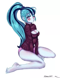 Size: 1024x1331 | Tagged: suggestive, artist:asadama, artist:mrs1989, color edit, derpibooru import, sonata dusk, equestria girls, barefoot, blushing, boob window, breasts, cleavage, clothes, color, doodle, feet, female, keyhole turtleneck, looking at you, open-chest sweater, panties, pink underwear, ponytail, pouting, sitting, solo, solo female, sweater, turtleneck, underwear, wink