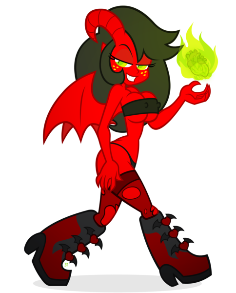 Size: 2500x3100 | Tagged: suggestive, artist:wicked-at-heart, derpibooru import, oc, oc:wicked heart, unofficial characters only, demon, equestria girls, devil, female, freckles, ripped stockings, simple background, solo, solo female, transparent background, tube top, vector