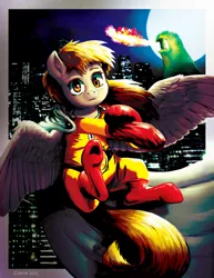 Size: 1623x2100 | Tagged: safe, artist:cigitia, derpibooru import, derpy hooves, smooze, pegasus, pony, boots, cape, city, cityscape, clothes, crossover, derp, epic derpy, female, fire, flying, looking at you, manga, mare, moon, night, one punch man, parody, saitama, superhero