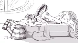 Size: 1280x707 | Tagged: artist:danli69, bed, derpibooru import, estrus, exhausted, face down ass up, grayscale, monochrome, solo, suggestive, sweat, tired, twilight sparkle