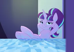 Size: 1150x804 | Tagged: safe, artist:carnifex, derpibooru import, starlight glimmer, pony, unicorn, the cutie re-mark, bedroom eyes, female, hooves on the table, looking at you, mare, s5 starlight, scene interpretation, smiling, smirk, smug, smug smile, smuglight glimmer, solo, welcome home twilight