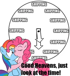 Size: 418x455 | Tagged: source needed, safe, derpibooru import, pinkie pie, rainbow dash, artifact, clock, female, just look at the time, kissing, lesbian, pinkiedash, shipping