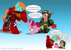 Size: 1736x1228 | Tagged: safe, artist:sanity-x, derpibooru import, oc, oc:azure taffy, unofficial characters only, pony, blood angels, blue background, bolter, female, filly, guardsman, imperial guard, lasgun, male, mare, power armor, purity seal, shipper on deck, simple background, space marine, speech bubble, stallion, starry eyes, tactical squad, this will end in heresy, this will end in pain, this will end in snu snu and/or death, this will end in tears and/or death, warhammer (game), warhammer 40k