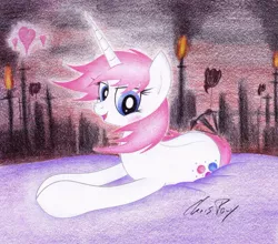 Size: 952x839 | Tagged: suggestive, artist:thechrispony, derpibooru import, oc, oc:glimmerlight, unofficial characters only, earth pony, pony, unicorn, fallout equestria, fallout equestria: murky number seven, fanfic, blushing, cutie mark, fanfic art, female, fillydelphia, heart, hooves, horn, looking at you, lying down, mare, ministry mares, open mouth, pinkie pie balloons, prone, seductive, solo, traditional art