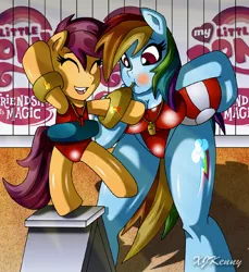 Size: 550x601 | Tagged: suggestive, artist:xjkenny, derpibooru import, rainbow dash, scootaloo, anthro, unguligrade anthro, beach ball, blowing, blushing, breasts, busty rainbow dash, clothes, coach, commission, cute, cutealoo, dashabetes, female, floaty, inflatable, inflating, lifeguard, puffy cheeks, rainblow dash, rainbow dashs coaching whistle, red face, scootalove, swimming lessons, swimming pool, swimsuit, water wings, whistle, whistle necklace
