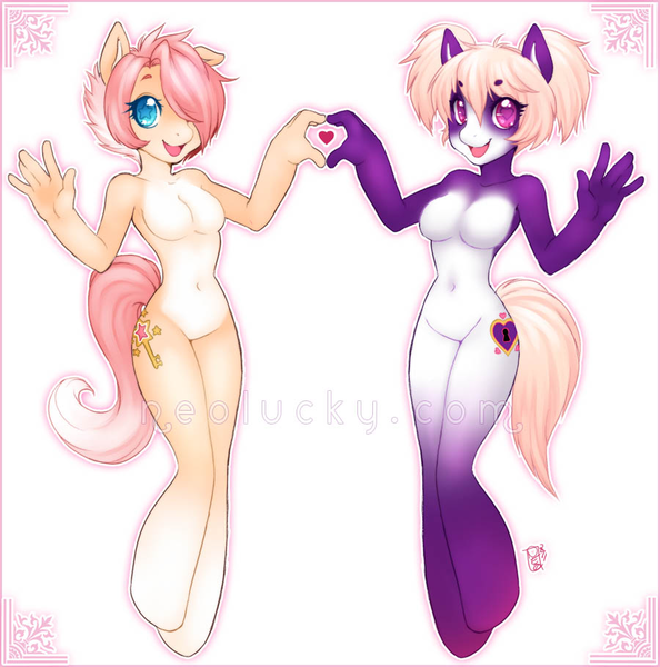 Size: 900x909 | Tagged: anthro, artist:neolucky, barbie doll anatomy, breasts, derpibooru import, featureless breasts, featureless crotch, female, females only, heart, key, oc, suggestive, unguligrade anthro, unofficial characters only