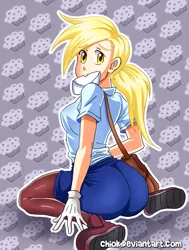 Size: 608x803 | Tagged: artist:chiok, clothes, derpibooru import, derpy hooves, human, humanized, letter, looking back, mailbag, mailmare, mouth hold, safe, solo, uniform