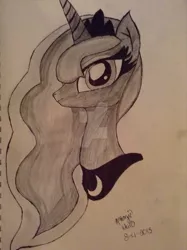 Size: 1024x1371 | Tagged: dead source, safe, artist:potatowinchester, derpibooru import, princess luna, alicorn, pony, bust, deviantart watermark, female, mare, obtrusive watermark, portrait, solo, traditional art, watermark