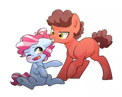 Size: 2500x2000 | Tagged: artist:kianamai, blushing, colt, derpibooru import, ear bite, female, filly, hair bow, kilalaverse, male, next generation, oc, oc:cotton candy, oc:epic parody, offspring, parent:cheese sandwich, parent:pinkie pie, parent:pokey pierce, parents:canon x oc, parents:pokeypie, parent:unnamed oc, safe, simple background, teasing, unofficial characters only, white background