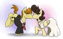 Size: 2000x1243 | Tagged: safe, artist:timsplosion, derpibooru import, wild fire, oc, oc:mandopony, earth pony, pegasus, pony, clothes, dress, female, kissing, male, mandofire, marriage, pearl, shipping, straight, wedding, wedding dress