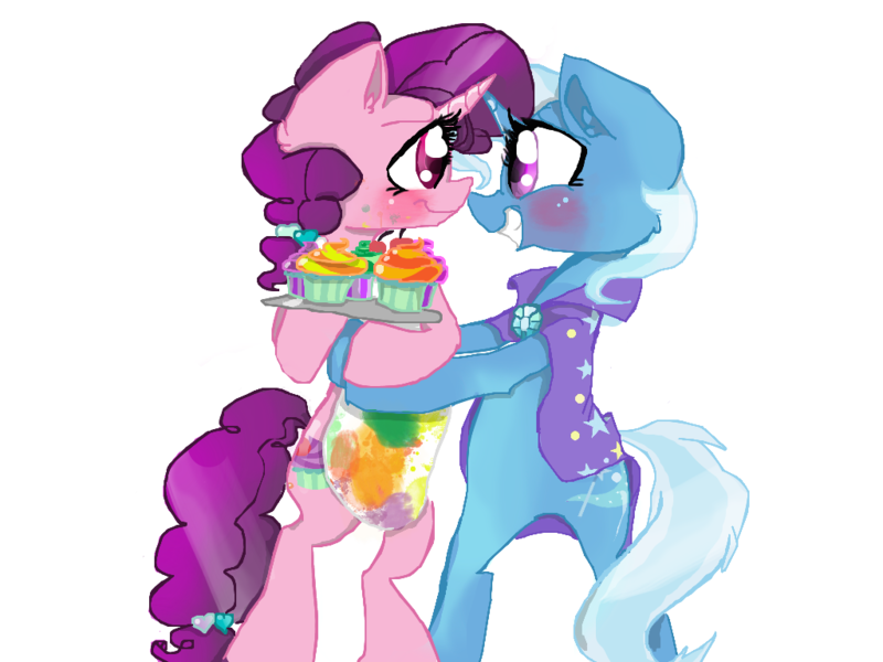 Size: 1024x768 | Tagged: safe, artist:cartoonxcatxlover, derpibooru import, sugar belle, trixie, pony, 1000 hours in ms paint, apron, bipedal, blushing, clothes, cupcake, female, horns are touching, hug, lesbian, shipping, smiling, sugartrix, tray, trixie.sugartrix, vector