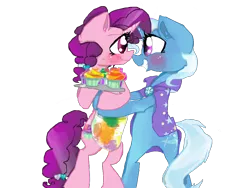 Size: 1024x768 | Tagged: safe, artist:cartoonxcatxlover, derpibooru import, sugar belle, trixie, pony, 1000 hours in ms paint, apron, bipedal, blushing, clothes, cupcake, female, horns are touching, hug, lesbian, shipping, smiling, sugartrix, tray, trixie.sugartrix, vector