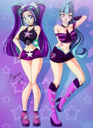 Size: 2096x2860 | Tagged: suggestive, artist:shinta-girl, derpibooru import, aria blaze, sonata dusk, human, equestria girls, anatomically incorrect, armpits, belly button, belts, bimbo, boots, breasts, busty aria blaze, busty sonata dusk, choker, clothes, curvy, detached sleeves, duo, female, females only, high heel boots, hourglass figure, humanized, impossibly thin waist, lipstick, looking at you, miniskirt, necklace, necktie, pigtails, ponytail, skirt, twintails