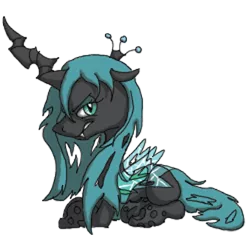 Size: 350x350 | Tagged: artist:neyonic, changeling, changeling queen, derpibooru import, female, looking at you, prone, queen chrysalis, safe, simple background, solo, transparent background